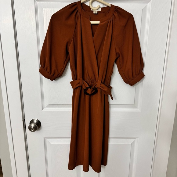 Monteau Los Angelos Rust Colored Belted Midi Dress, Small, V-Neck Wrap, EUC - Picture 1 of 4
